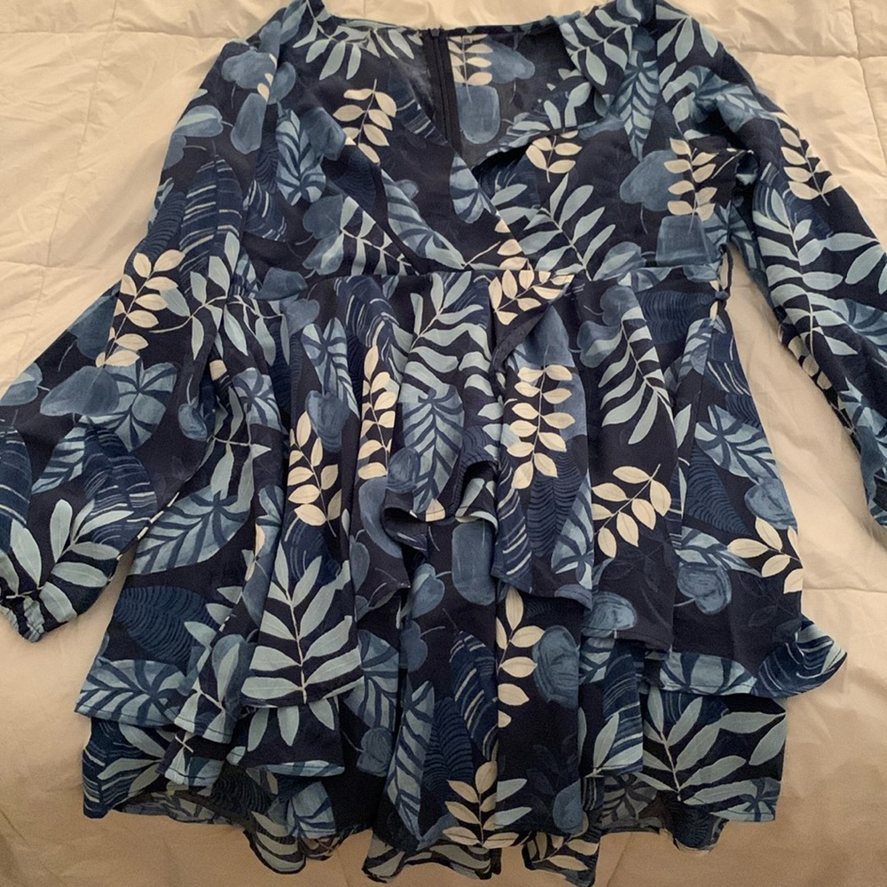 Blue floral fluttery faux-wrap long sleeve mini dress